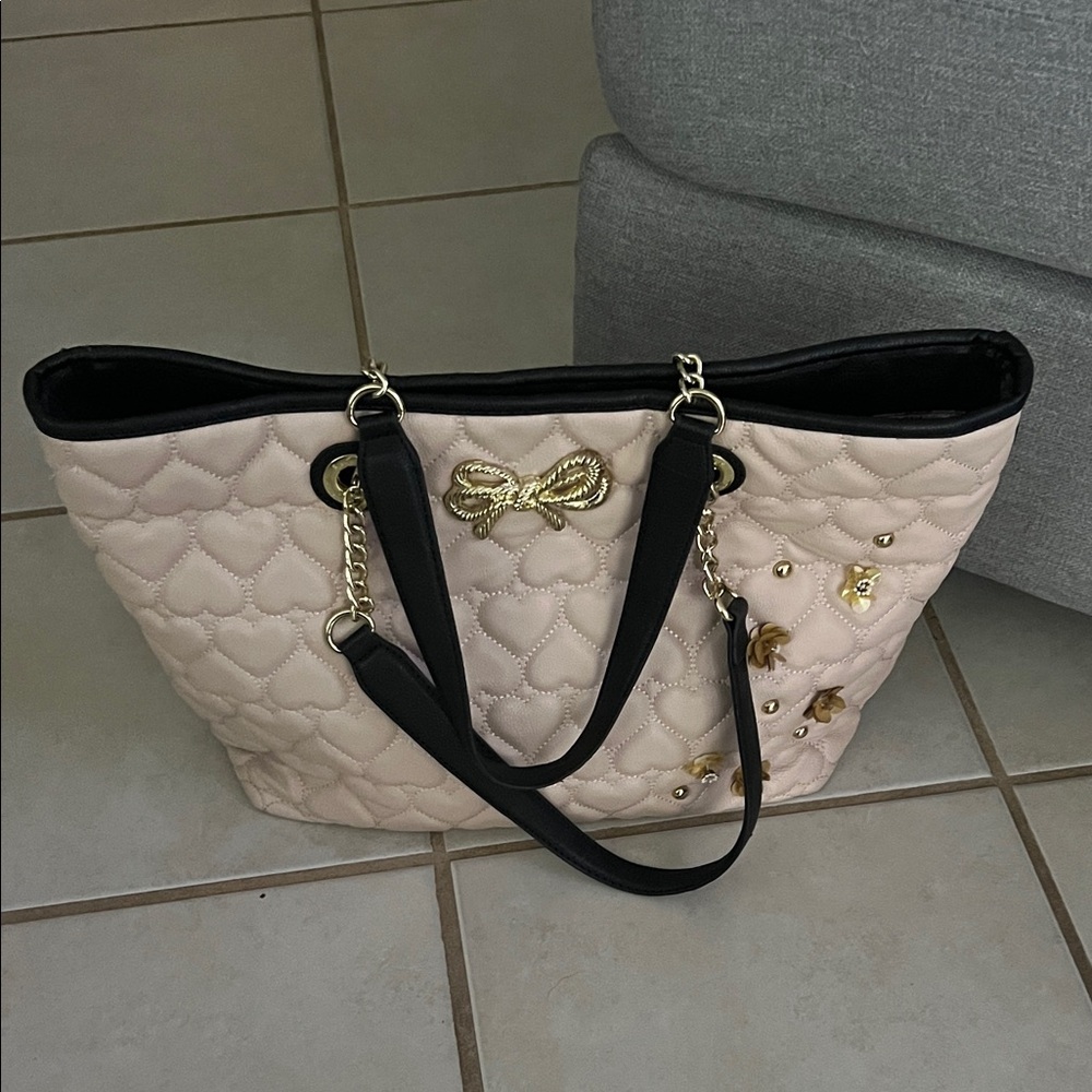 Betsey Johnson Cream Quilted Tote with Gold Accents